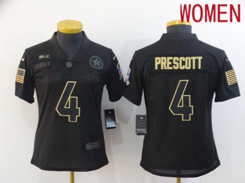 Women Dallas cowboys #4 Prescott Black Retro Gold Lettering 2020 Nike NFL Jersey->women nfl jersey->Women Jersey